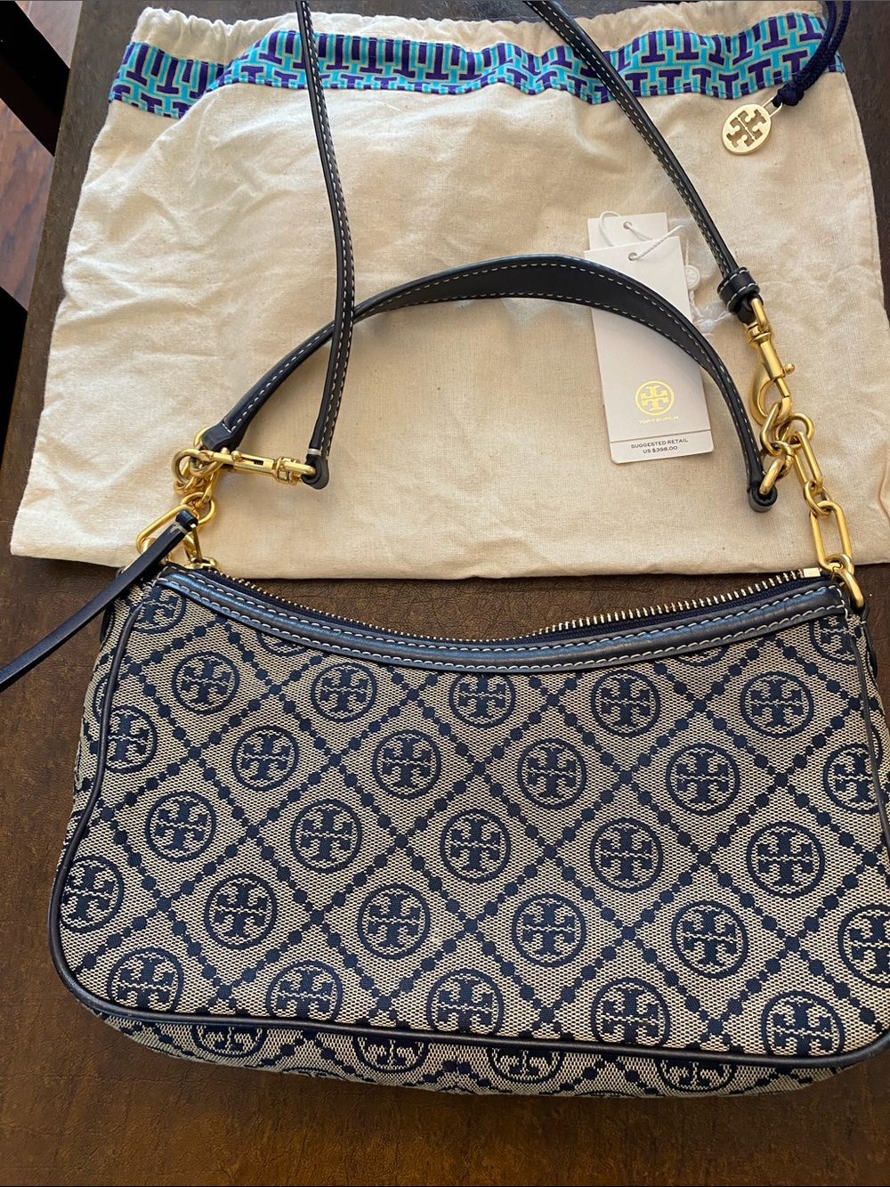 Tory Burch Navy and Beige Logo Jacquard Shoulder Bag - Picture 4 of 8